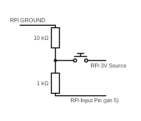 RPiGND->10kOhm-->(->Switch->RPi3V; ->1kOhm->RPiPin5)