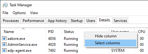 Select Columns on Details Tab on Task Manager