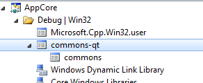 The property sheet "commons" is inherited by "commons-qt".