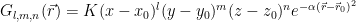 G_{l,m,n}(\vec{r}) = K (x-x_0)^l (y-y_0)^m (z-z_0)^n e^{-\alpha (\vec{r}-\vec{r}_0)^2}