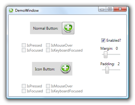 The demo application comparing a normal button with the IconButton