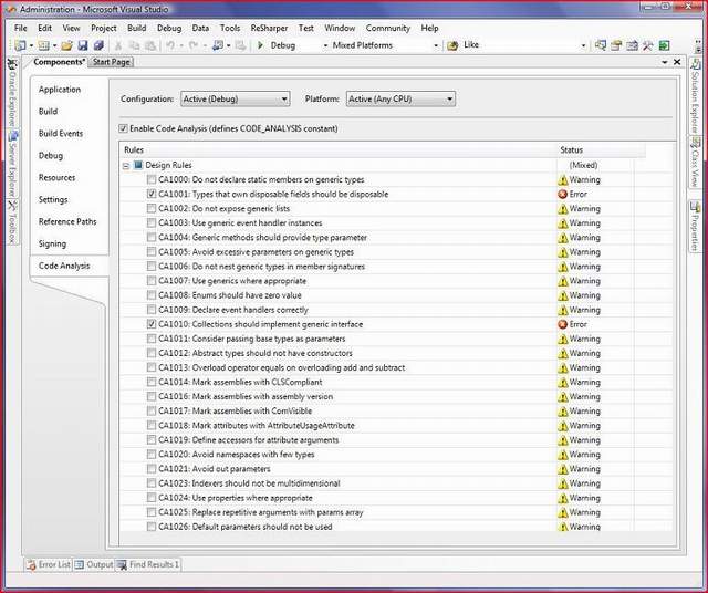 Visual Studio 2005 Project Code Analysis Properties