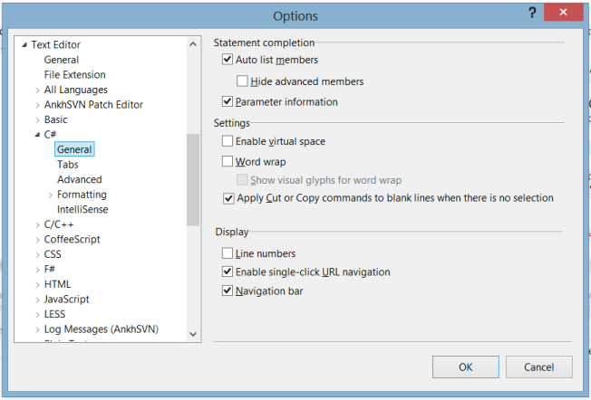 Visual Studio Options area