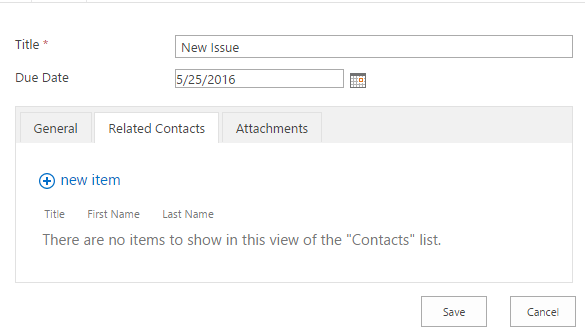 New SharePoint form with related items