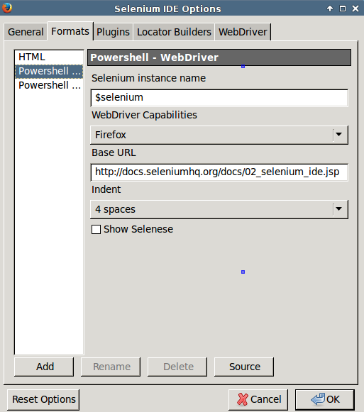 Selenium IDE options
